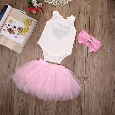 

3PCS New Toddler Girl HeadbandRomperSkirt Tutu Bodysuit Baby Outfit Sunsuit Sets