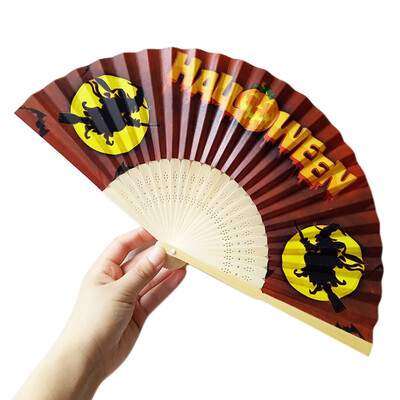 

〖Follure〗Halloween Pumpkin skull spider witch Hand Carved Bamboo Folding Fan Style Wooden