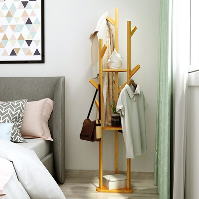 

Siaonvr Bamboo Clothes Laundry Coat Rack Tree Stand Coat Hanger 8 Hooks 3-layer Shelf