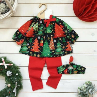 

US Christmas Toddler Baby Girl Outfits Clothes Xmas Tree TopsPantsHeadband Set