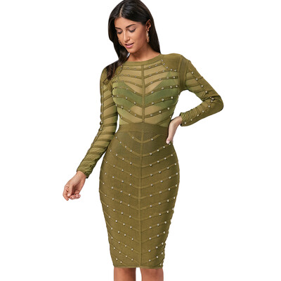 

Semi Sheer Long Sleeve Rivet Bandage Dress