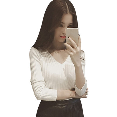 

Autumn Women Long Sleeve V Neck T-shirt Slim Fitting Knitted Sweater Shirt