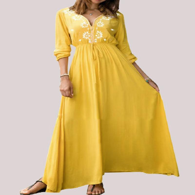 

V-neck Long Sleeves Floral Printed Drawstring Flare Maxi Dress