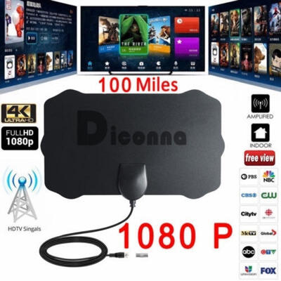 

Mini Digital HD TV Antenna Signal Booster Free TV 100 miles 1080P 4K 12ft Cable