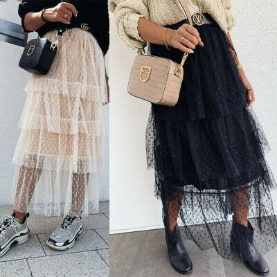 

Women Lady Tulle Mesh Skirt Elastic High Waist Layers Pleated Maxi Long Dress