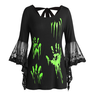 

Roseonmyhand Women Plus Size Halloween Lace Flare Sleeve Blood Hands Print Back Knotted Top