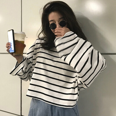 

Loose casual t-shirt round neck long-sleeved pullover bottoming shirt fashion trend striped print womens T-shirt
