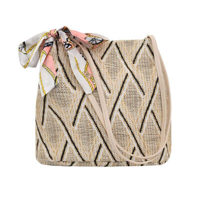 

Silk Decor Shoulder Handbags Straw Women Top-handle Bags Shopping Totes