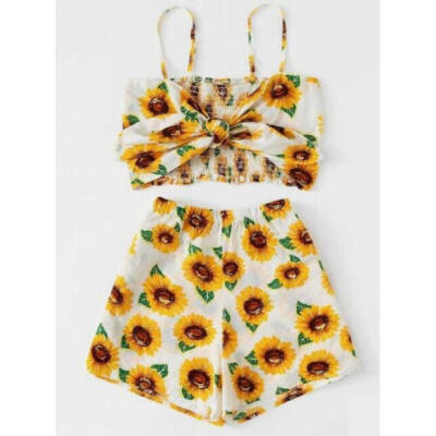 

2019 Kids Baby Girls Summer Sunflower Backless T-shirt Tops Short Pants Outifts