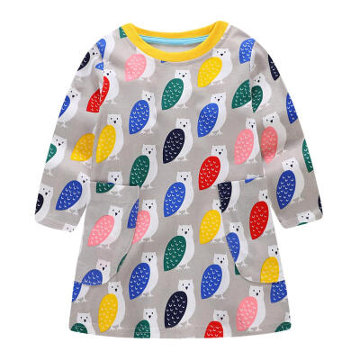 

Colorful Leaves Print Girls Kids Casual Dresses Pockets Long Sleeve Clothes