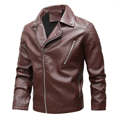 

Toponeto Mens Autumn Winter Fashion Velveted Zipper Pure Color Imitation Leather Coat
