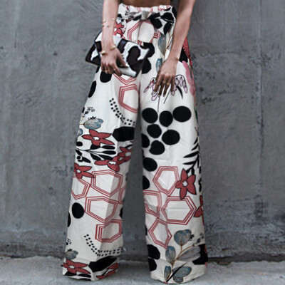 

Women Floral Print Drawstring Wide Leg Pants Casual Leggings