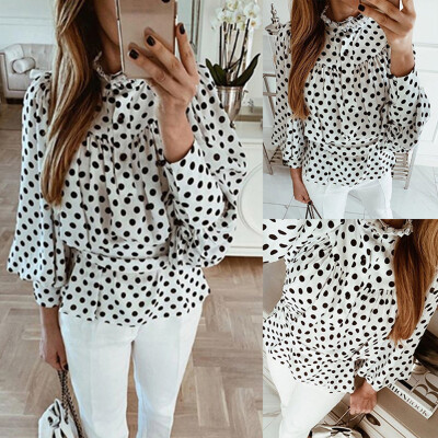 

Tailored Women Casual Point Print Ruffles Button Belt Long Sleeve Tops Blouse T-shirt