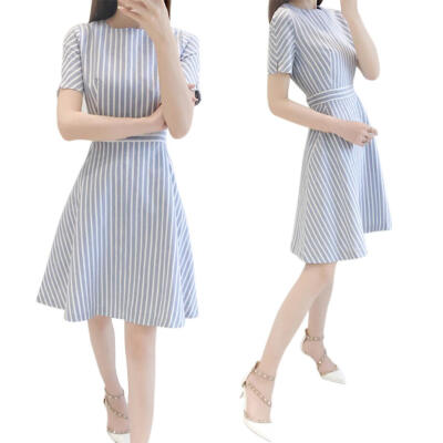 

Elegant Stripe Print Dress Women O-neck Short Sleeve Tunic A-line Dresses