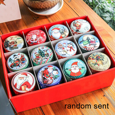 

Round Christmas Storage Box Tin Plate Santa Claus Snowman Elk Candy Cookie Can