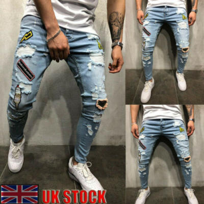 

Men Stretchy Ripped Skinny Biker Jeans Destroyed Taped Patch Slim Denim Pants