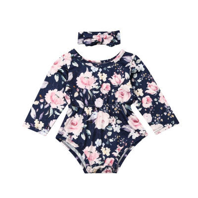 

Newborn Baby Girl Floral Romper Bodysuit Long Sleeve Flowers Ruffle One Piece Jumpsuit Headband Outfits Clothes