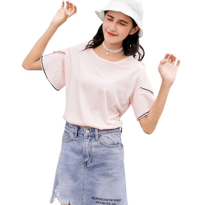 

Womens Fresh Style O-Neck Solid Short Flare Sleeve Ruffles Loose Pullover T-Shirt