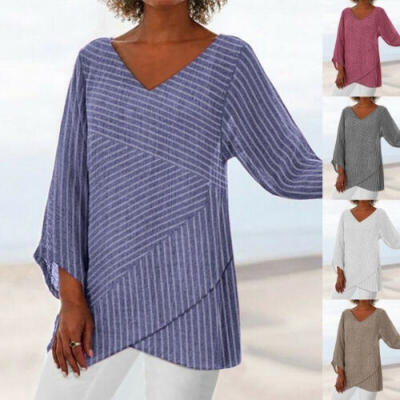 

Women Casual Loose Cotton Linen Striped Long Sleeve Long Shirt Blouse Tunic Tops