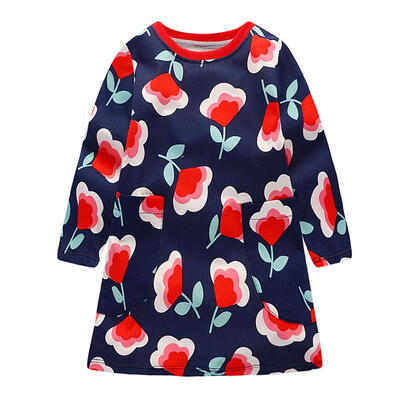 

Sweet Floral Print Long Sleeve Casual Dresses Pockets Girls Kids Vestidos