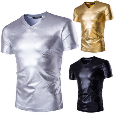 

Men&39s Elastic Fashion Sexy Faux Leather Tight Slim Sport Short Sleeve T-Shirt Tops Fitness Muscle Man T Shirts