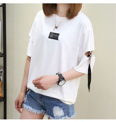 

Women Hey Letter Printed T Shirts Casual Loose Chic T-shirt Flare Half Sleeve Tops