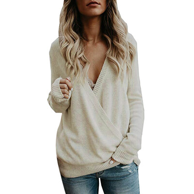 

Nomeni Womens Knitted Deep V-Neck Long Sleeve Wrap Front Loose Sweater Pullover Jumper