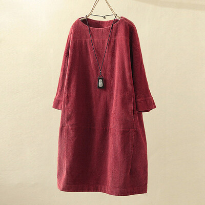 

Tailored Women Vintage Pockets Corduroy Solid Color Long Sleeve Loose Casual Dress