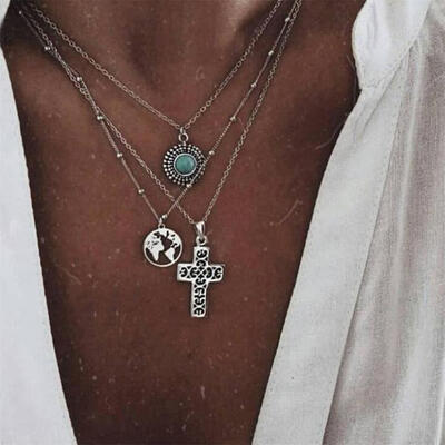 

Beach Fashion Silver Hollow Cross Map Geometry Gem Pendant Multilayer Necklace Women Charm Clavicle Chain Party Jewelry Gifts