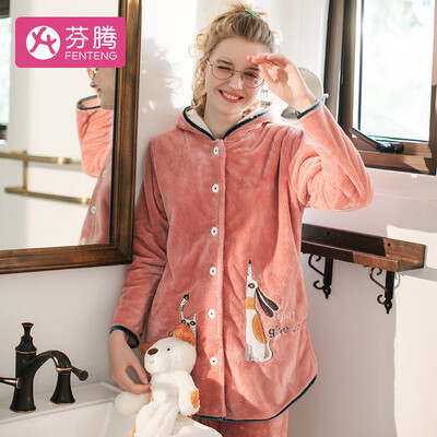

Fenton coral velvet ladies pajamas 2018 autumn&winter new girlfriends cartoon cat hooded jade rabbit cashmere soft home service J98940898 bean sand orange