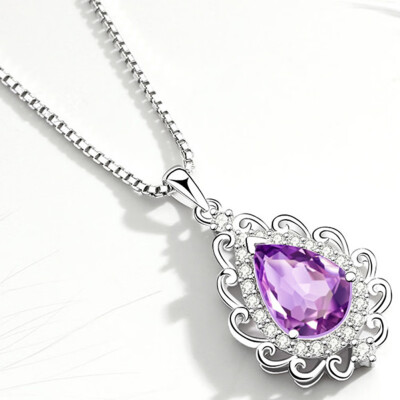 

Vintage Women Fashion Gemstone Water Drop Shaped Austria Crystal Pendant 925 Silver Necklace