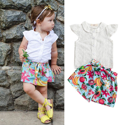 

Toddler Baby Kids Girls Fly Sleeve Ruched Solid Tops Fruit Short Outfits Clothes