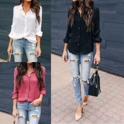 

Fashion Womens Ladies V-Neck Long Sleeve T-Shirt Casual Button Soild Blouse Tops