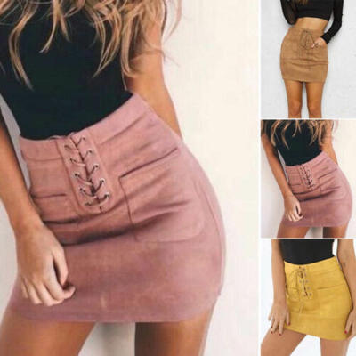 

Sexy Women Leather Suede Lace Up Bandage High Waist Party Pencil Mini Skirt Sale