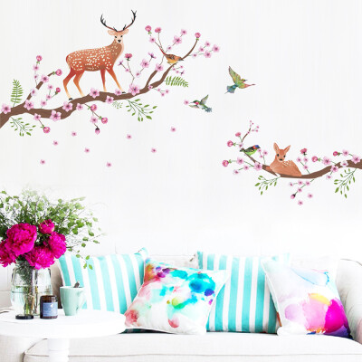 

〖Follure〗Vinyl Decal Sika Deer Flowers Birds Removable Home Decor Wall Stickers Art Mural