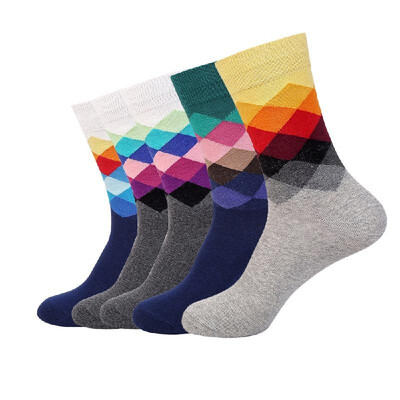 

5 Pairs of Mixed Color Men Cotton Socks Diamond Shaped Middle Tube Breathable Socks