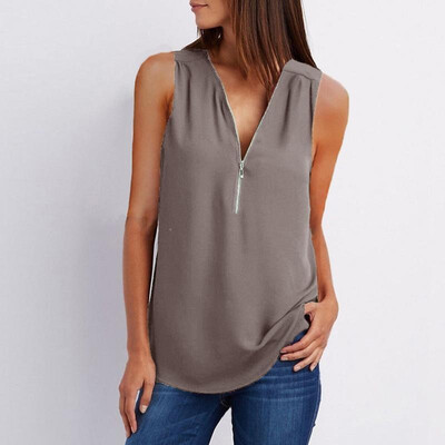 

New Women Loose Vest Tank Top V-Neck Sleeveless Zipper Casual Chiffon Shirt Top Pullover