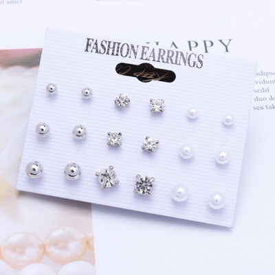 

EK782 Trendy 12 pairsset Cute Triangle Crystal Heart Stud Earrings for Women Ball Simulated Pearl Flower Earring Set brincos