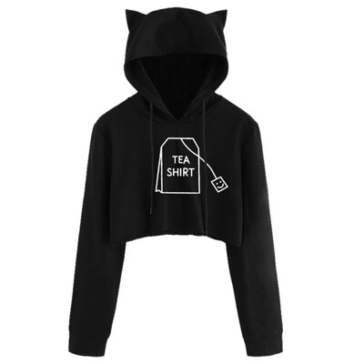 

Womens Printed Long Sleeve Jumper Hooded Loose Casual Hoodie Cat ear Cosy Polyester harajuku black KPOP moletom