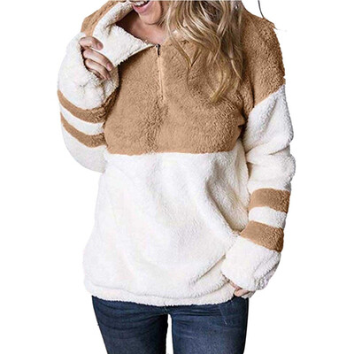 

2019 Autumn Winter Women Fashion Fluffy shirt Pullover High collar Long sleeve Loose Color matching Sweatshirt