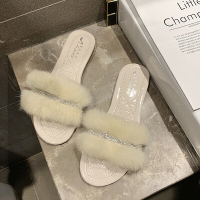 

Womens Summer Fashion Rabbit Hair Slipped Flat Bottom Comfortable Fur Shoes