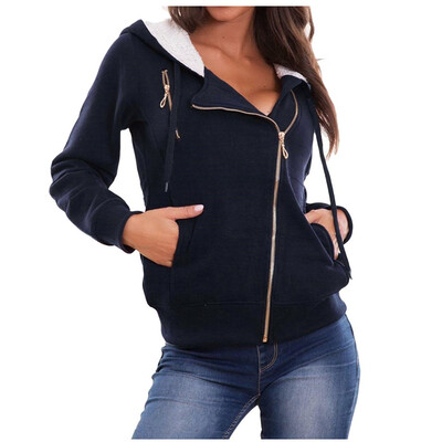 

Tailored Women Fashion Solid Outerwear Pocket Jacket Zipper Long Sleeve Plush Hooded Coat
