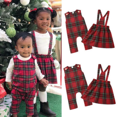 

US Christmas Sister Match Xmas Clothes Romper Strap Dress Baby Girl Plaid Outfit