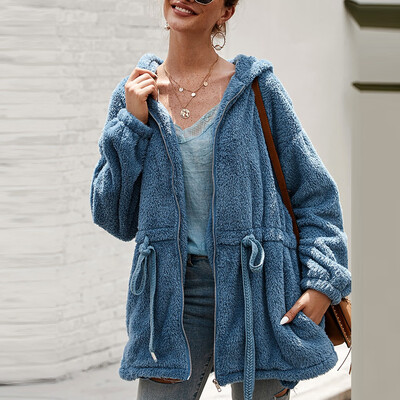 

Toponeto Women Hooded Plush Solid Color Drawstring Cotton Long Sleeve Cardigan Coat