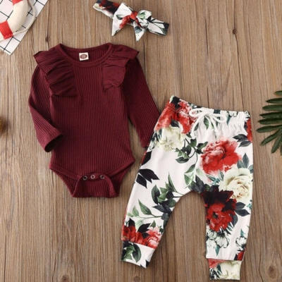 

Lovely Baby Girl Clothes Cotton Long Sleeve Romper Tops Flower Pants Headband Kids Outfits 0-18M