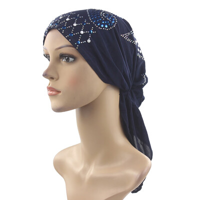 

1 Pc Women Muslim Sequins Decor Long Turban Cap Cancer Chemo Hat Beanie Scarf Turban Elastic Head Wrap