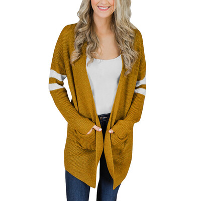 

Toponeto Women Striped Long Sleeve Knitted Sweater Pockets Long Cardigan Top Coat Outwear