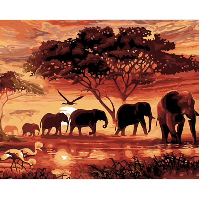 

DIY Setting Sun Elephants Oil Painting Art Wall Home Decoration
