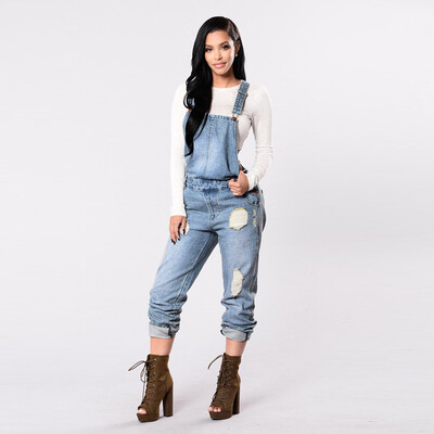 

〖Follure〗Women Hole Denim Bib Slim Pants Overalls Jeans Straps Demin Trousers Jumpsuit
