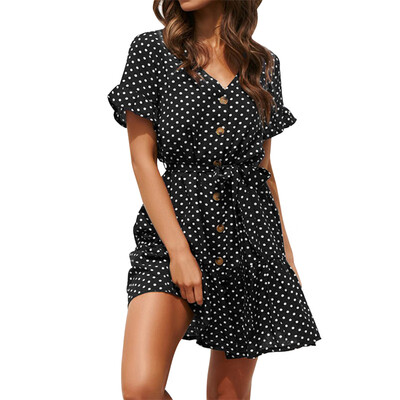 

Polka Dot Print V-Neck Button Lace Dress Loose High Waist Ruffle Sleeve Dress